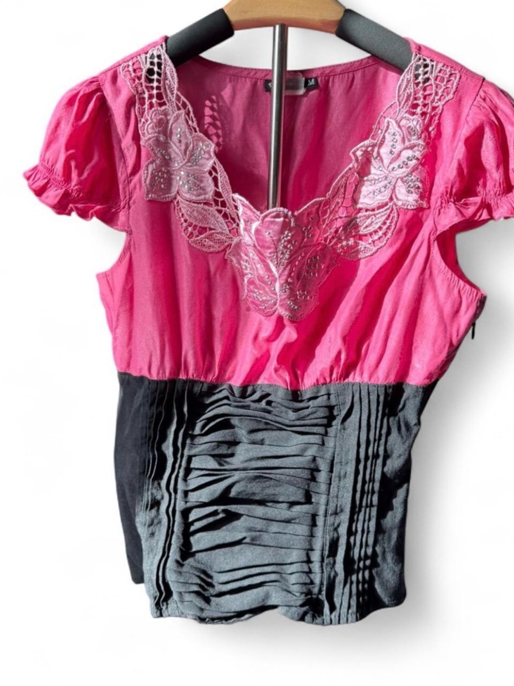 Hot Pink & Black V-Neck Embellished Blouse